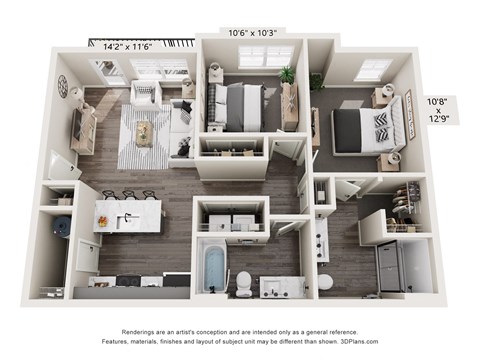 Floor plan for 2 beds, 2 baths, 943 sqft